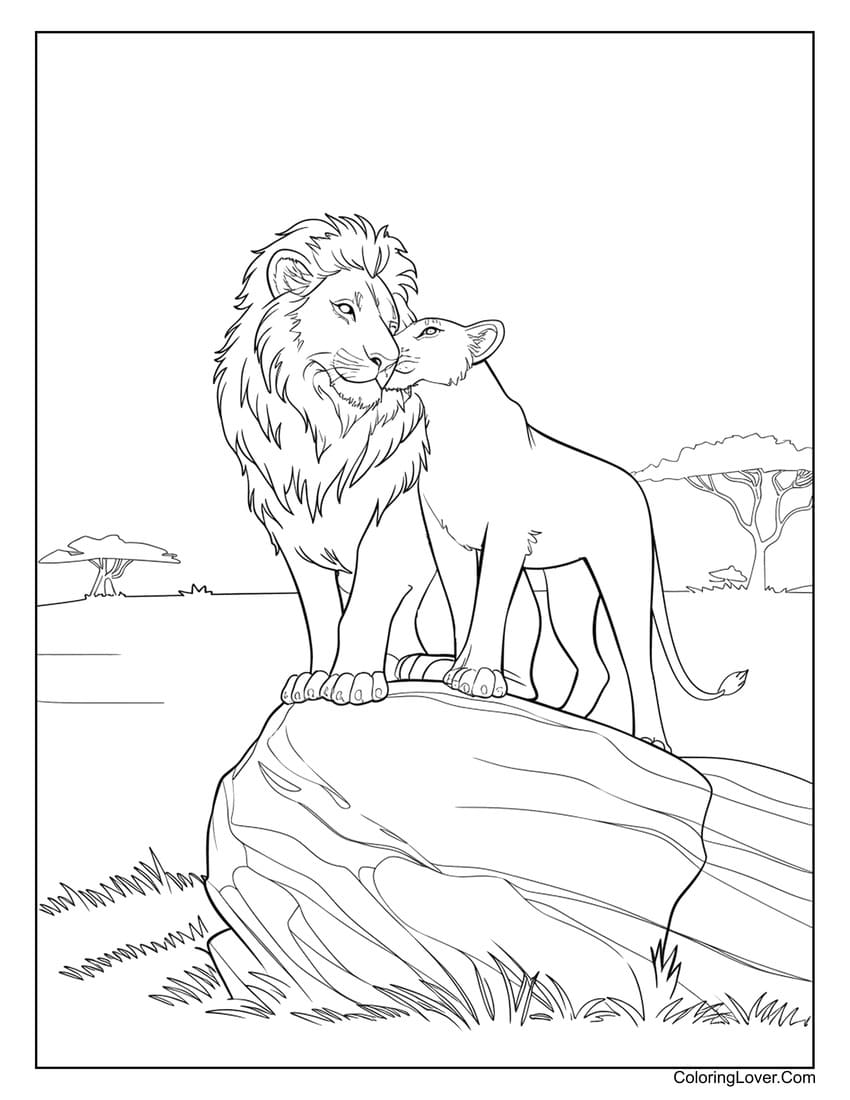 Lion and lioness cuddling on rock coloring page