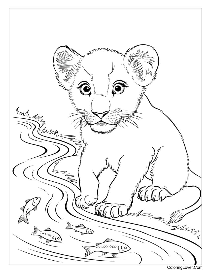 Lion cub by the river with fish coloring page