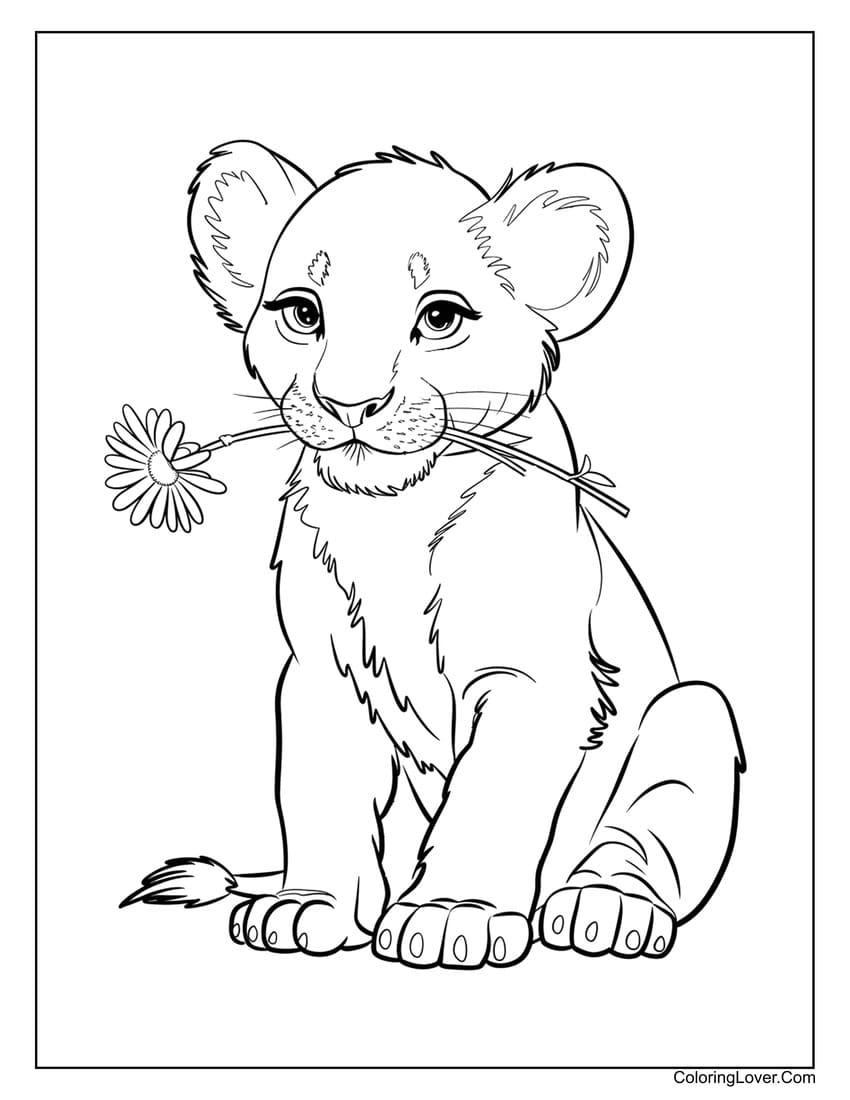 Lion cub holding a daisy coloring page for kids