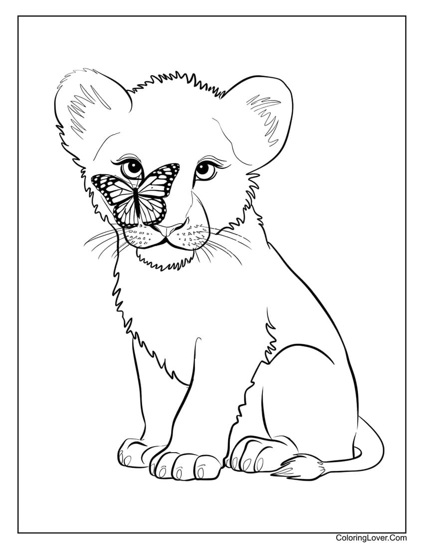 Lion cub with butterfly on nose coloring sheet