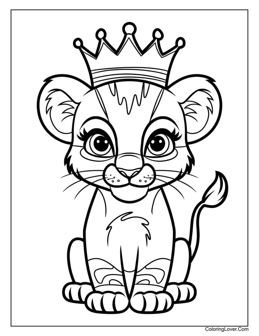 Lion cub with crown coloring page for kids