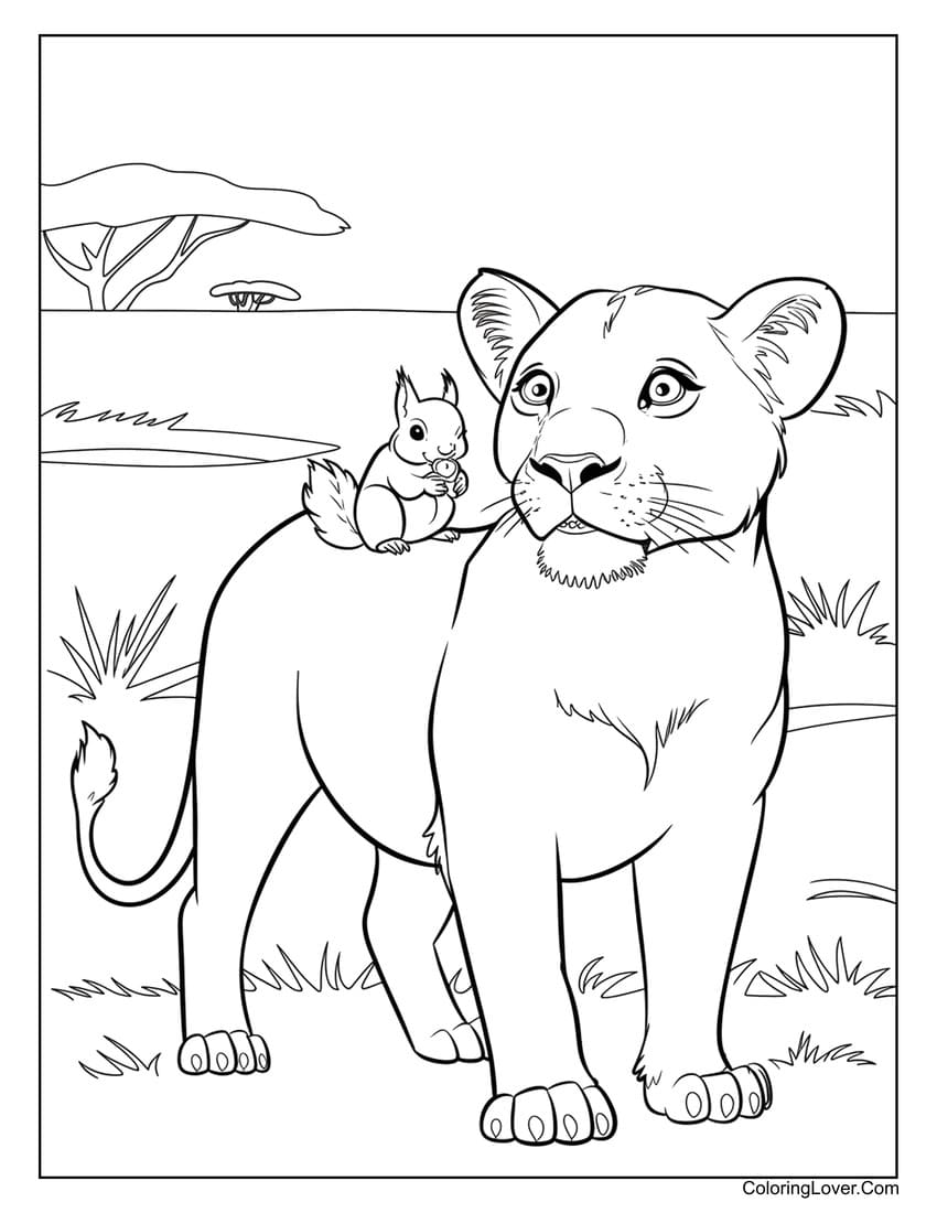 Lion cub with squirrel on back coloring page