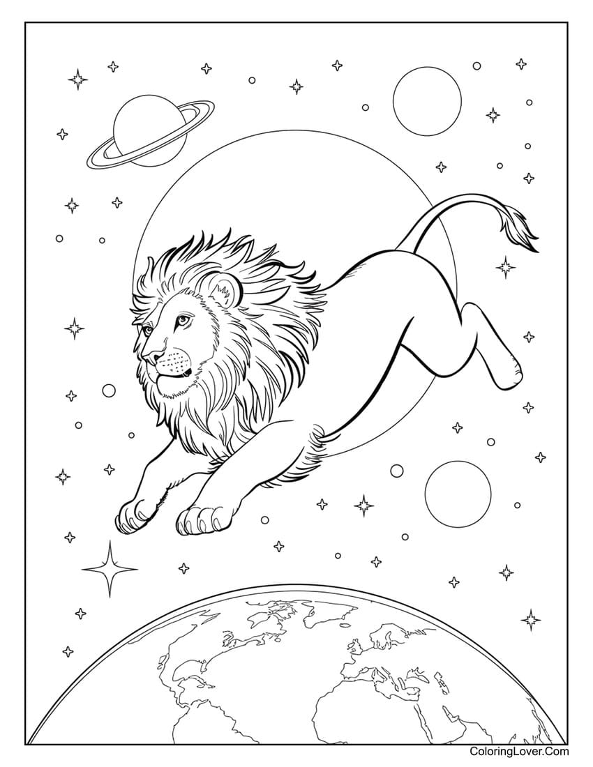 Lion jumping in space coloring page