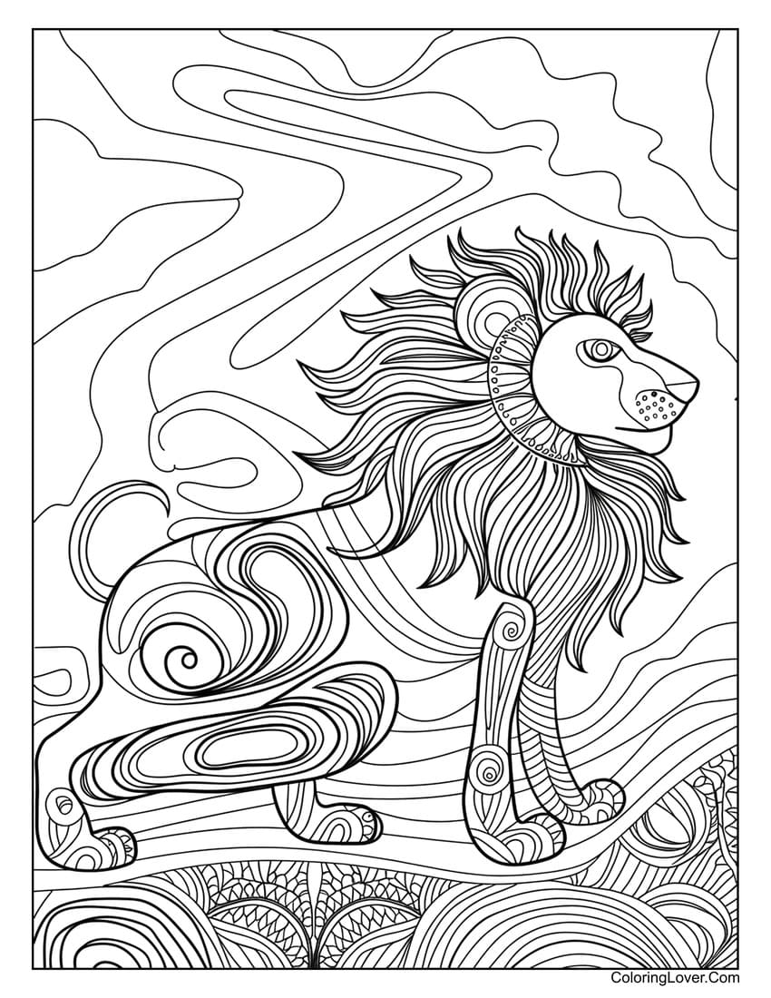 Lion sitting coloring sheet in a nature scene
