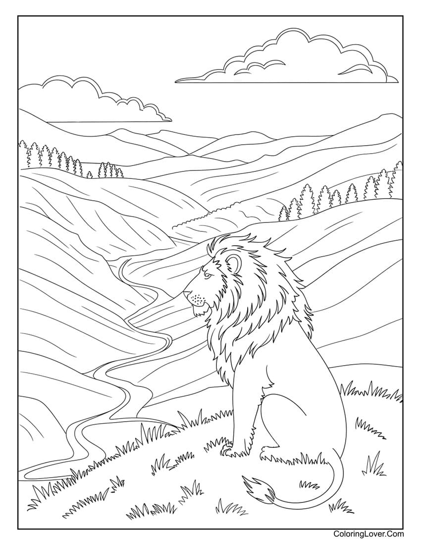 Lion sitting on hill with valley view coloring page