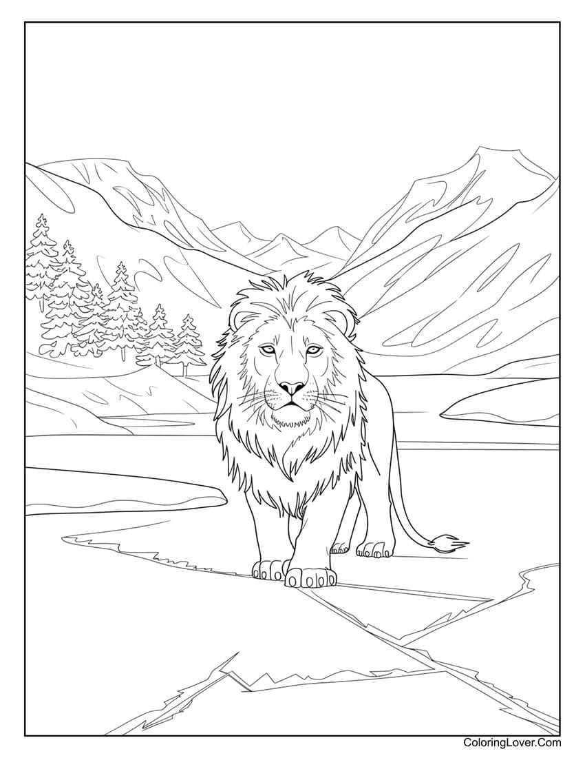 Lion standing in the mountains coloring page