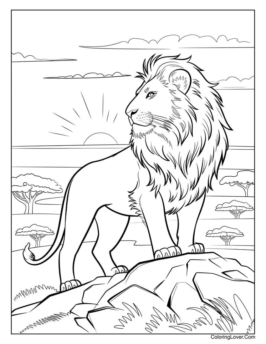 Lion standing on rock with sunset coloring page