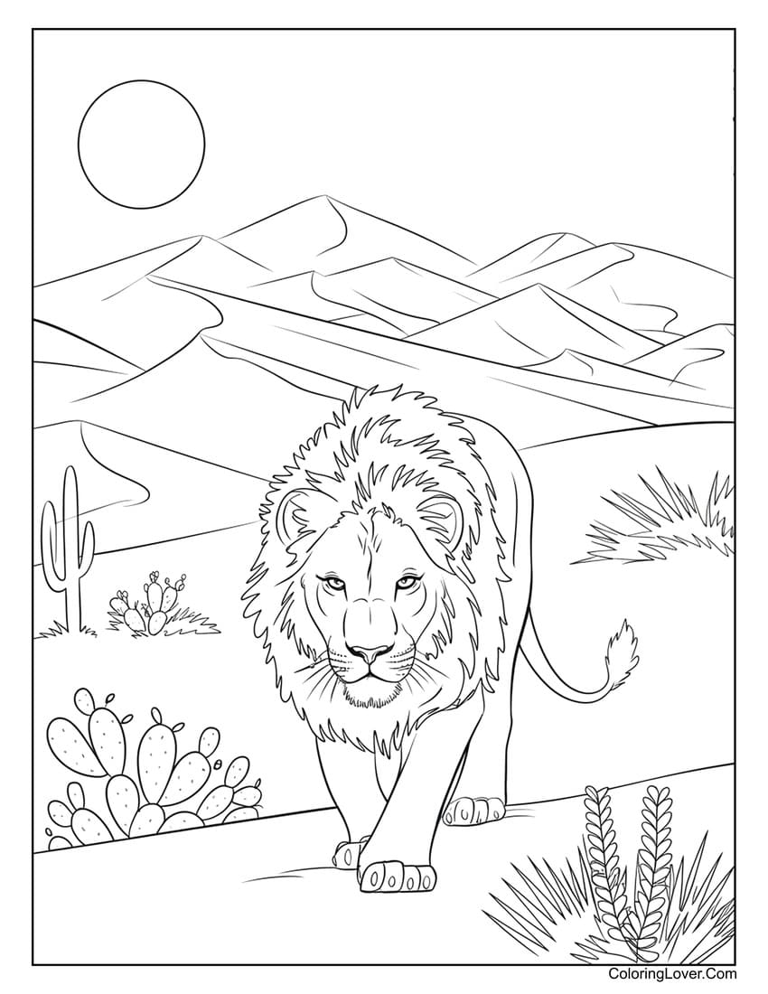 Lion walking in desert landscape coloring page
