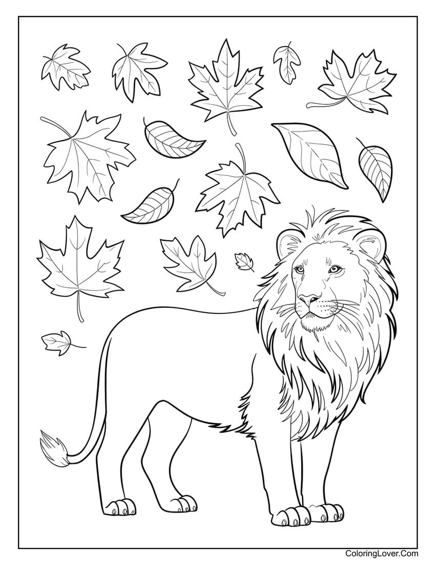 Lion with autumn leaves coloring page