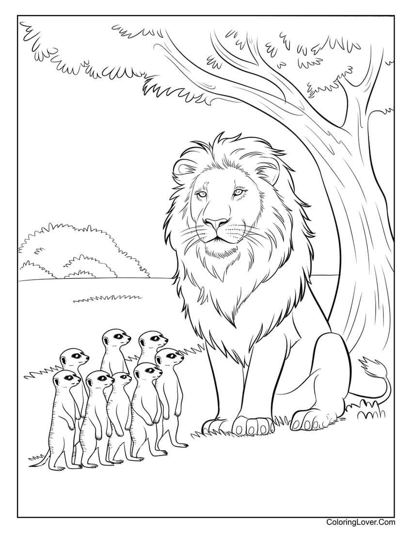 Lion with meerkats under tree coloring page