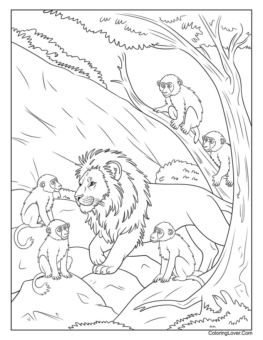 Lion with monkeys in the forest coloring page