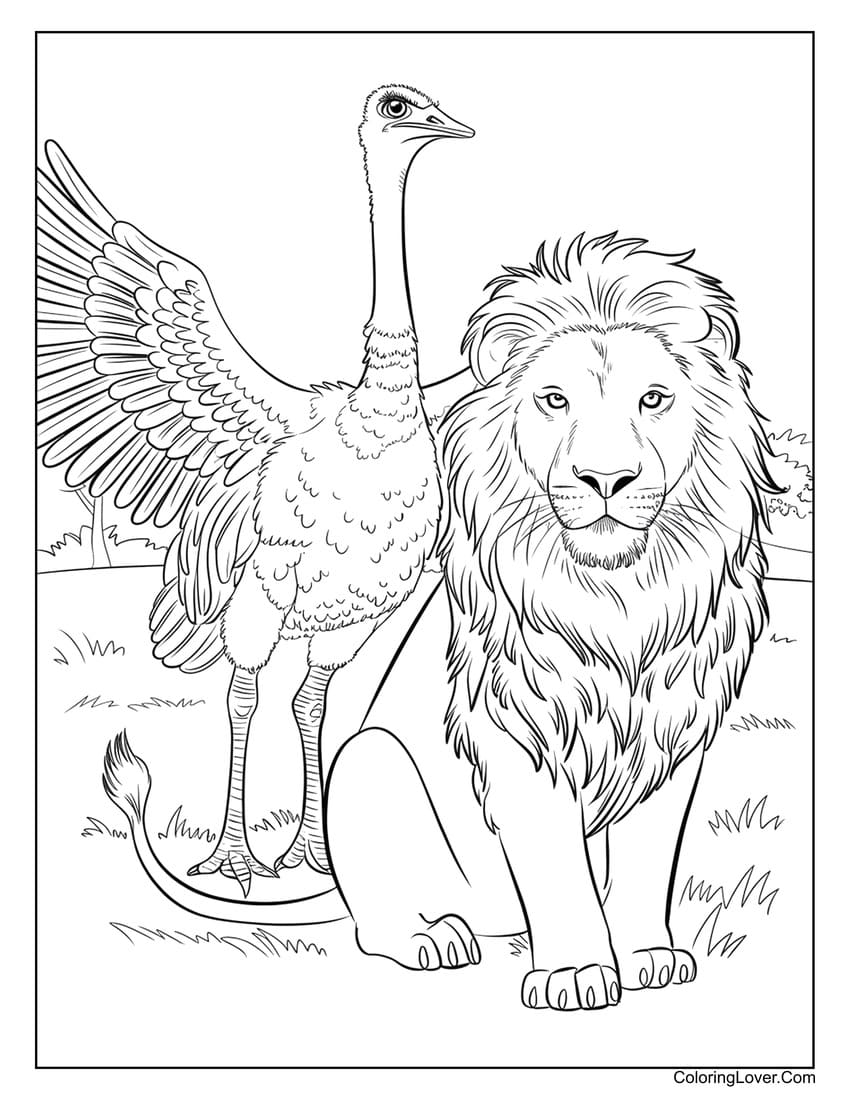 Lion with ostrich standing together coloring page