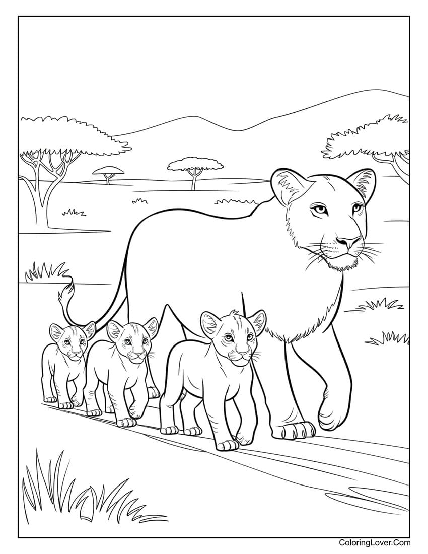 Lioness walking with cubs coloring page
