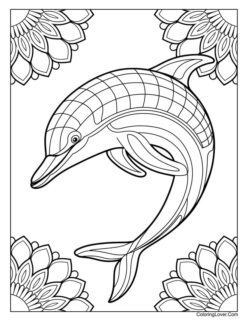 Mandala dolphin coloring page for adults