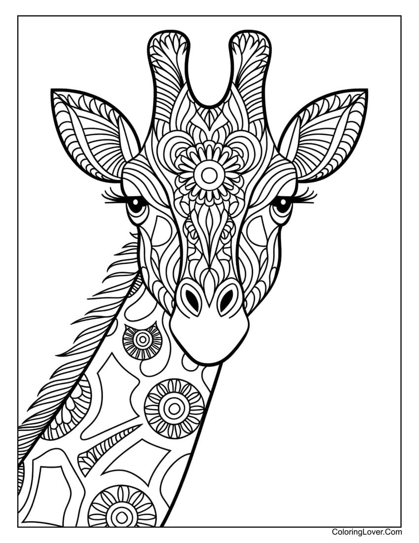 Mandala giraffe head coloring page for adults
