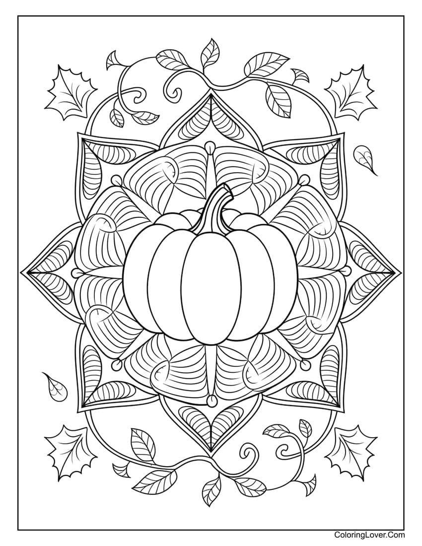 Mandala pumpkin coloring page with autumn leaves