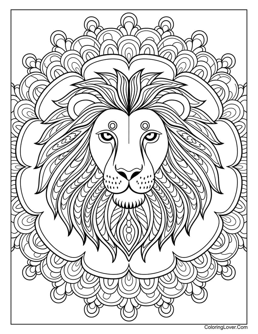 Mandala-style lion coloring page for relaxation for adults