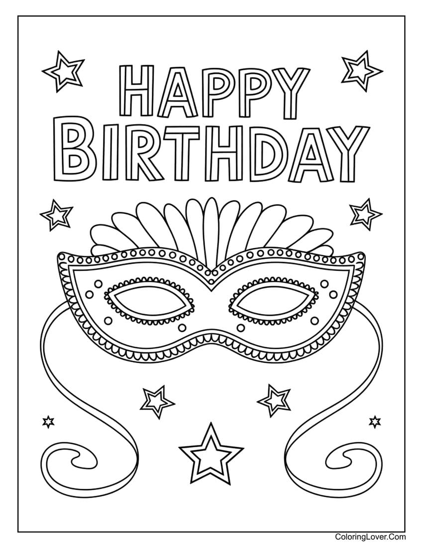 Masquerade mask happy birthday coloring page