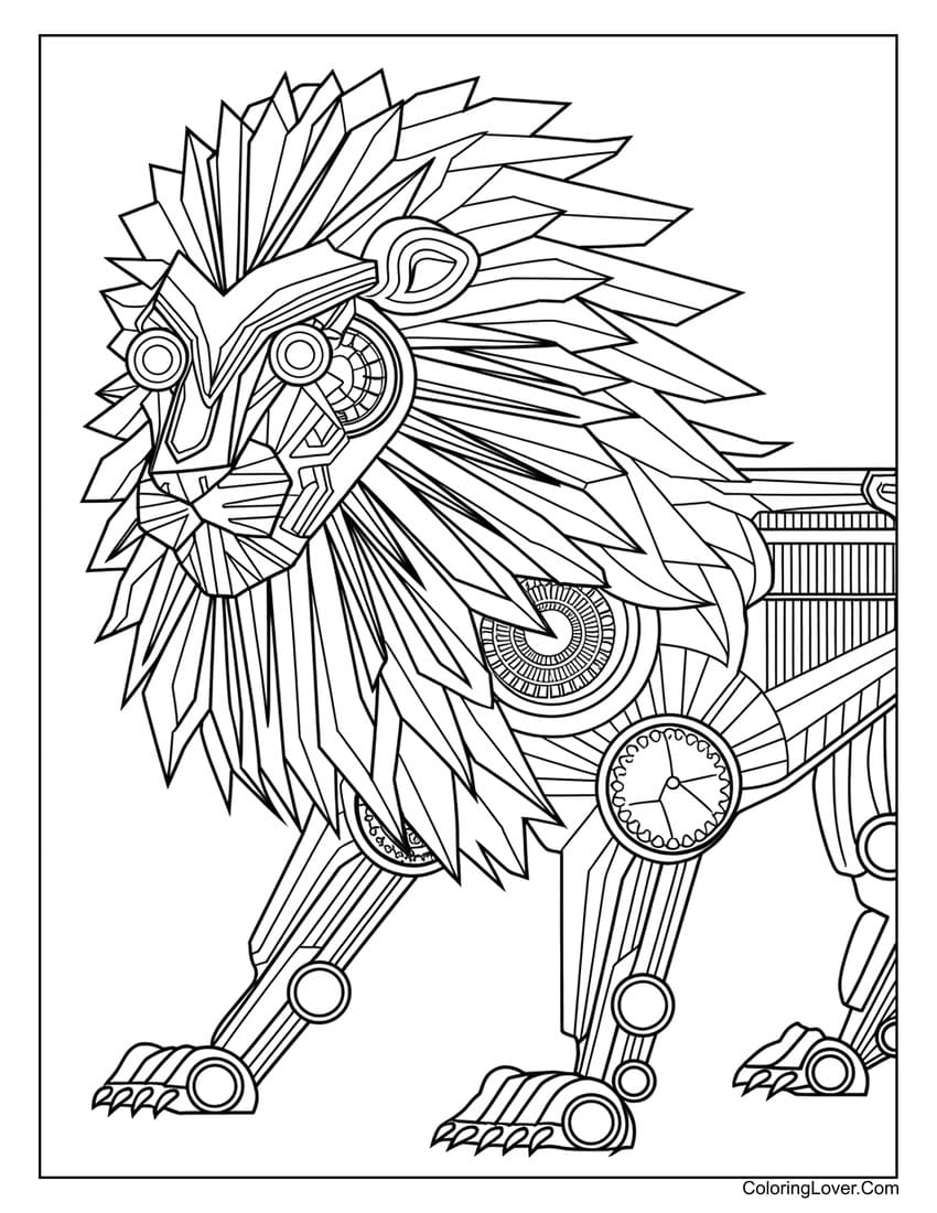 Mechanical lion coloring page for adults