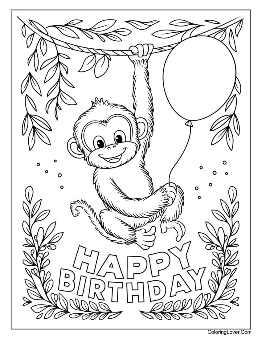Monkey swinging with a balloon birthday coloring page