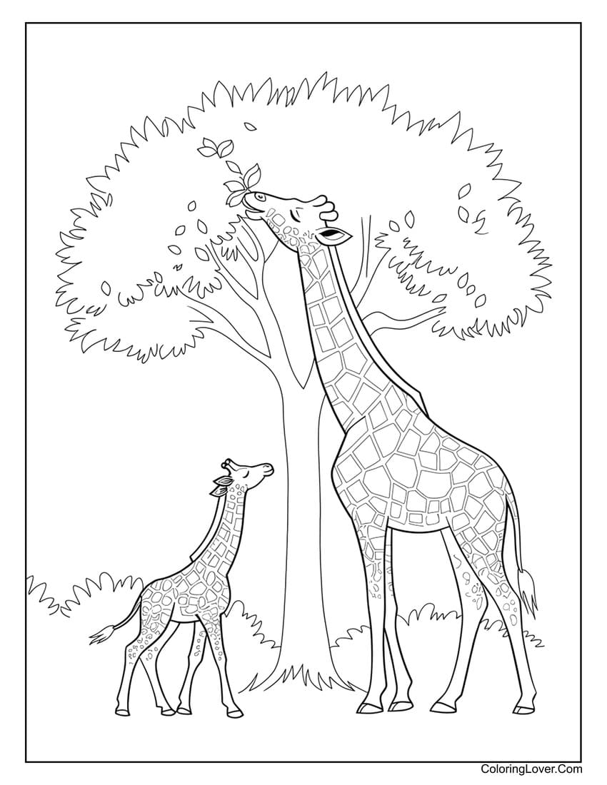 Mother and baby giraffe eating leaves coloring page for kids