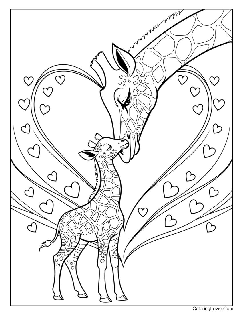 Mother giraffe and baby with hearts coloring sheet