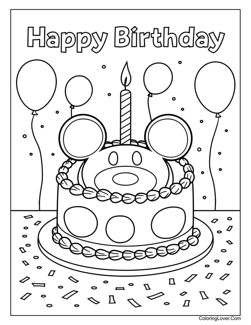 Mouse themed birthday cake coloring page