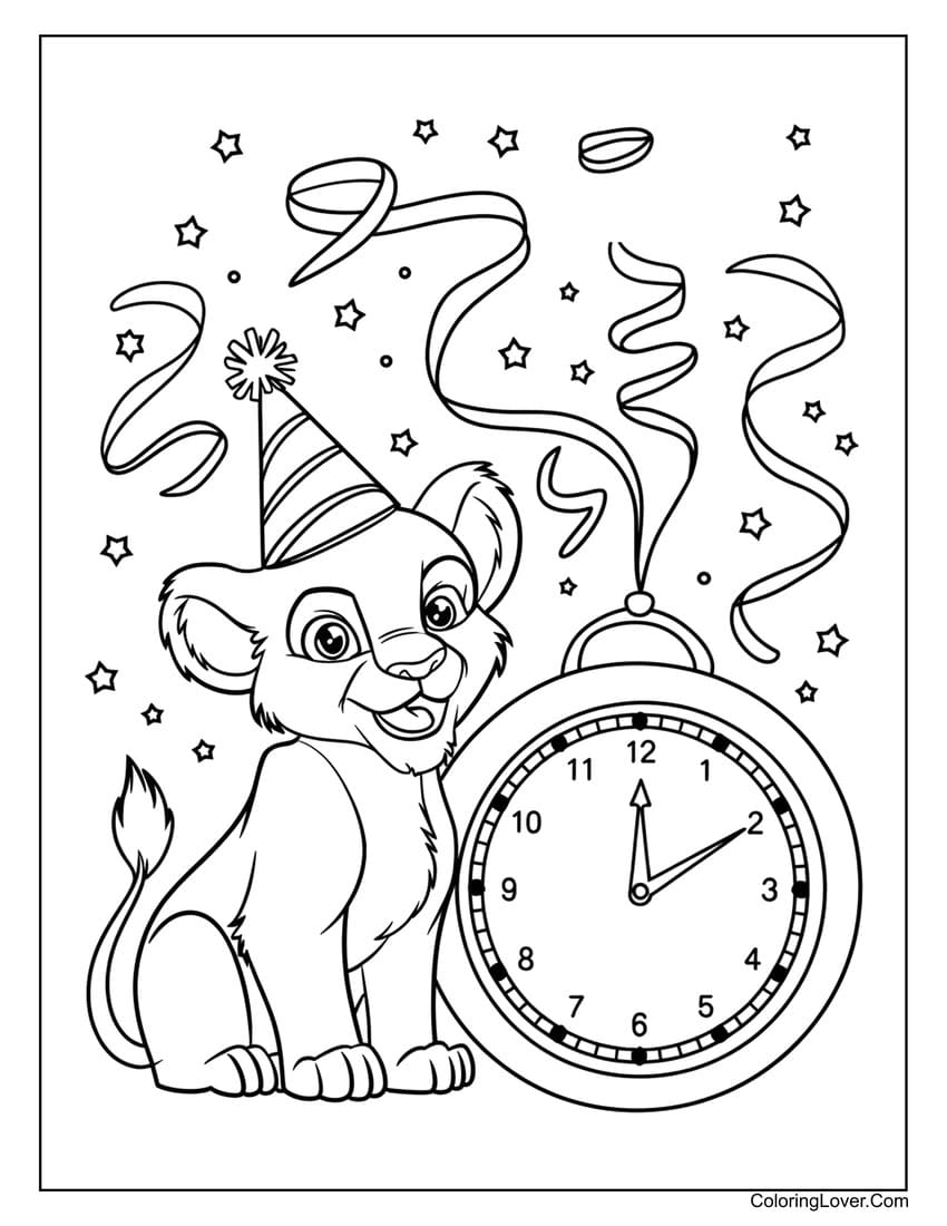 New Year's lion cub with clock coloring page