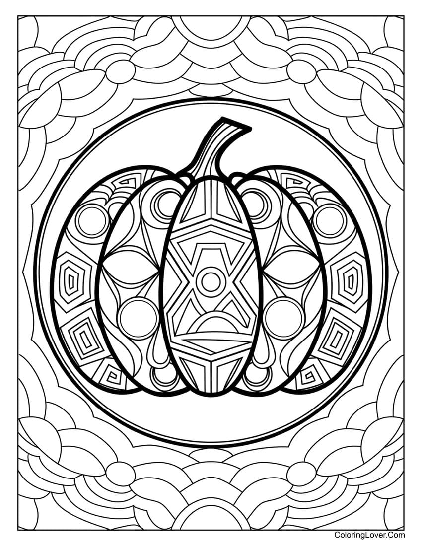 Ornate pumpkin coloring page with circular patterns