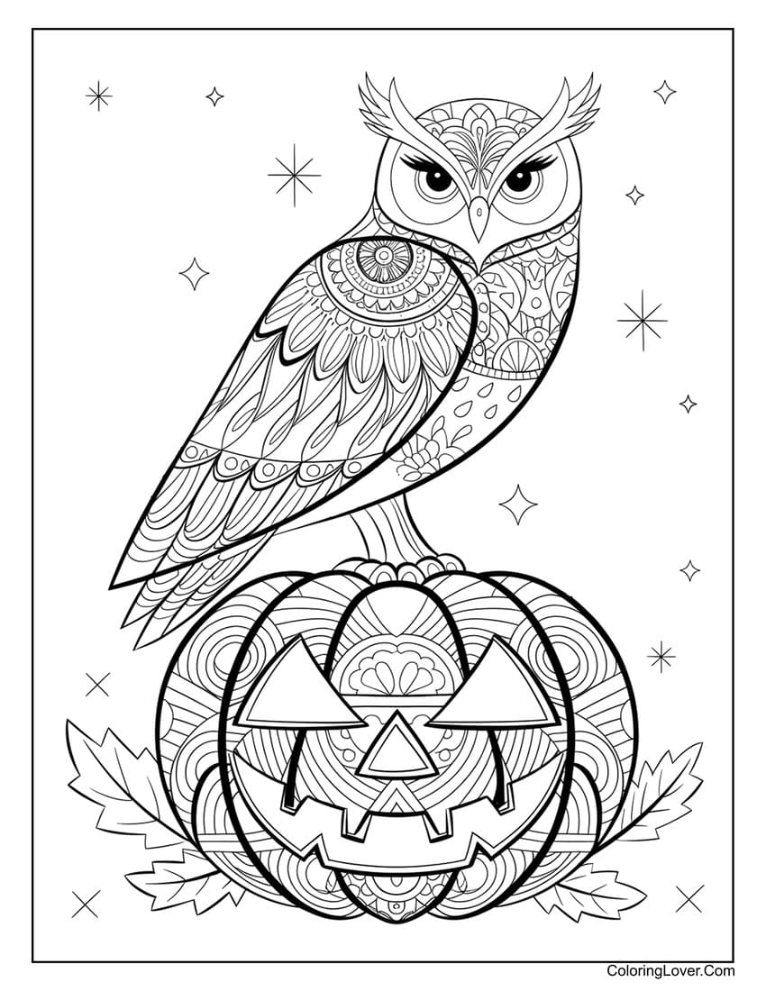 Detailed owl and jack-o'-lantern pumpkin coloring page for adults
