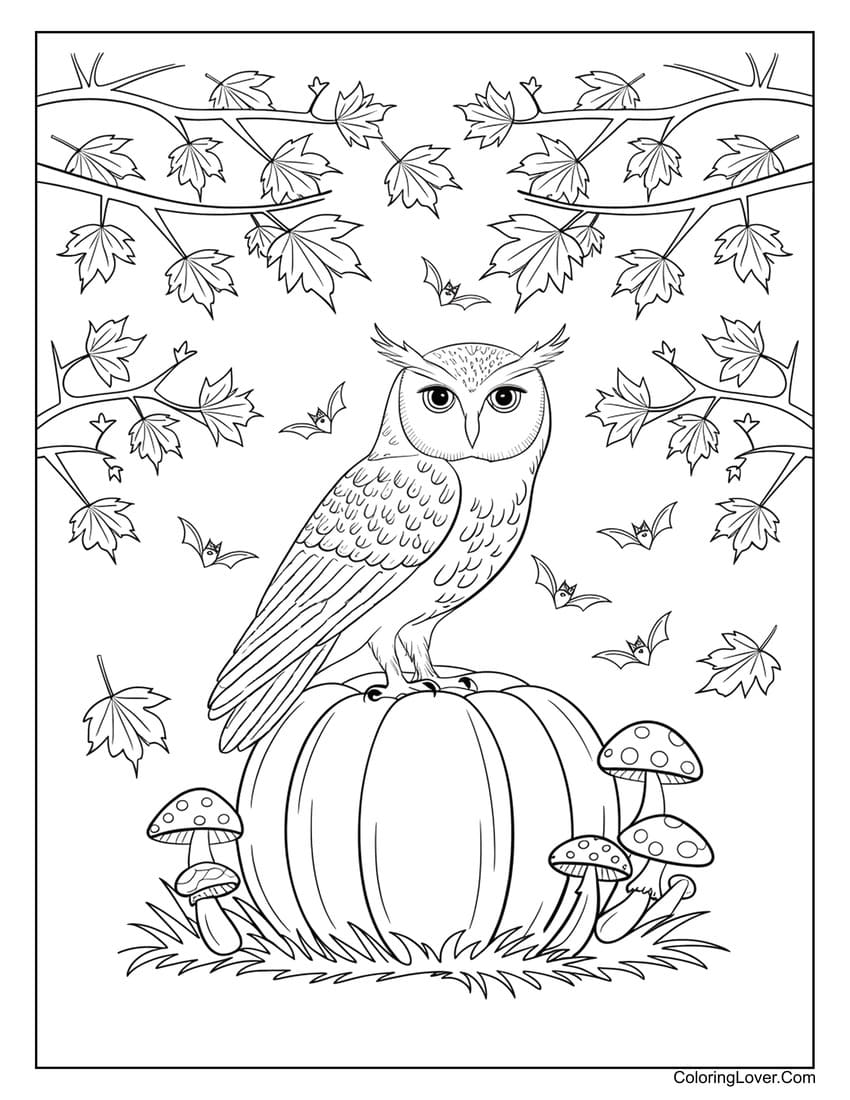 Owl on a pumpkin coloring page with mushrooms