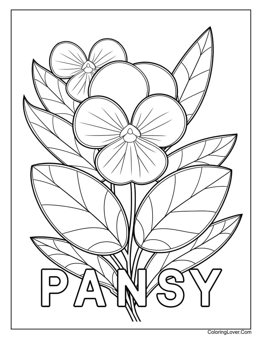 Pansy flower coloring page with bold petals