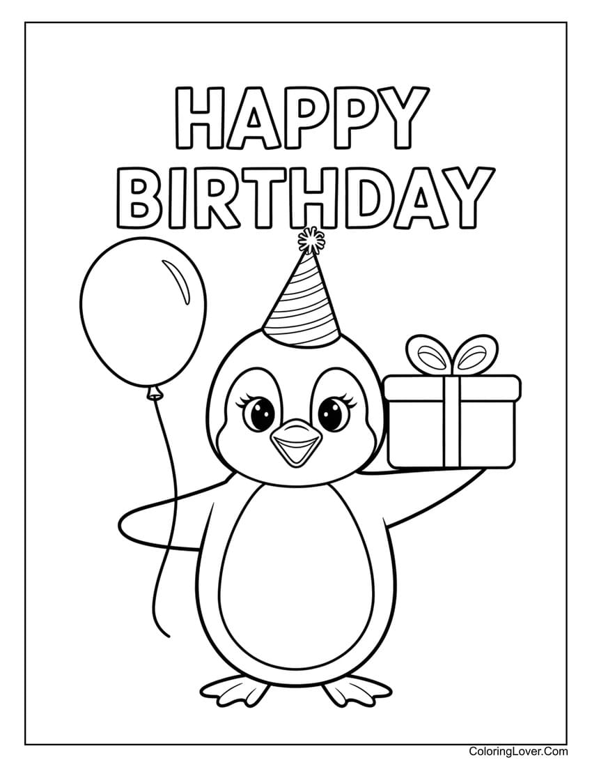 Penguin holding a gift and balloon happy birthday coloring page