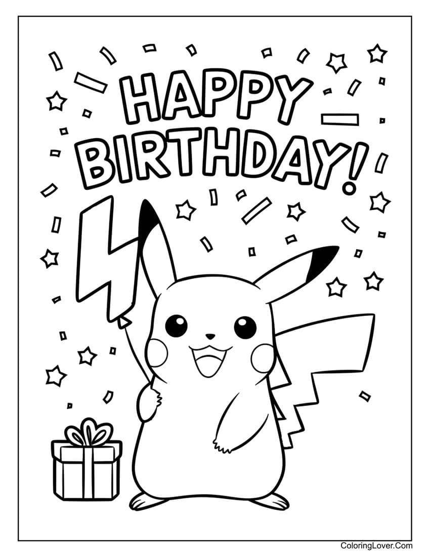 Pikachu happy birthday coloring page for kids