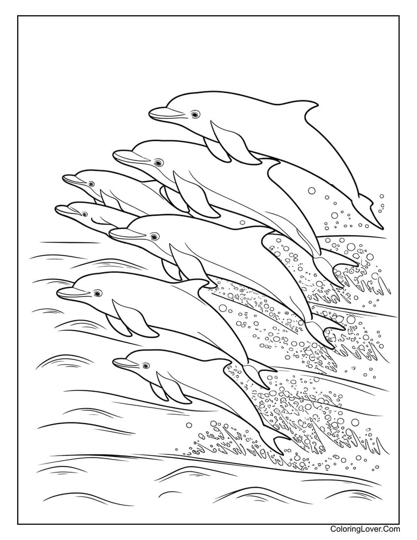 Pod of dolphins jumping out of the water coloring page for kids