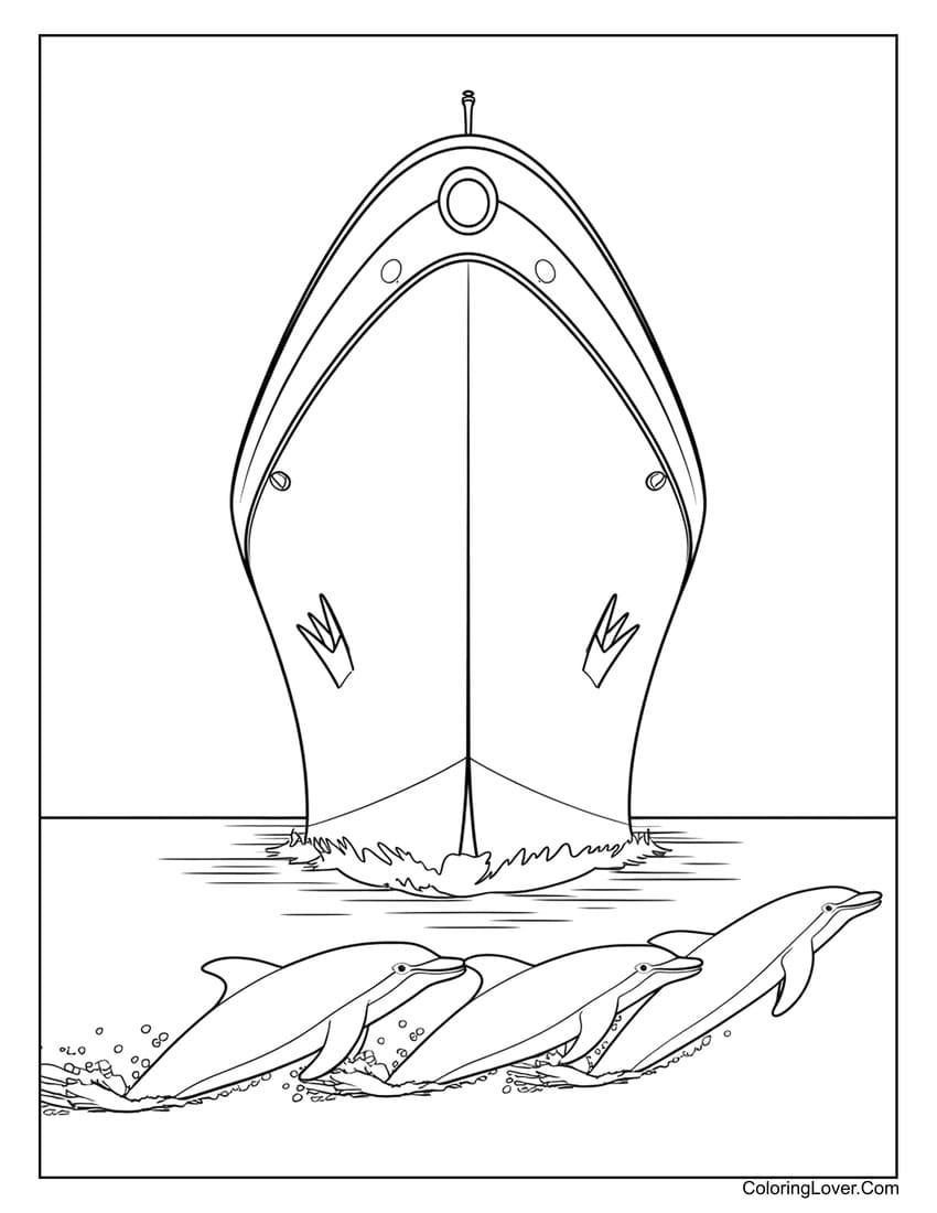 Pod of dolphins swimming in front of a ship coloring page