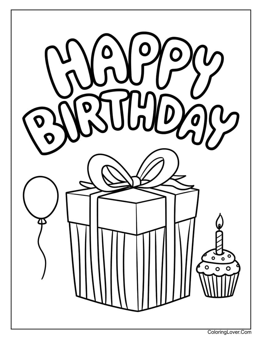 Present and cupcake happy birthday coloring page