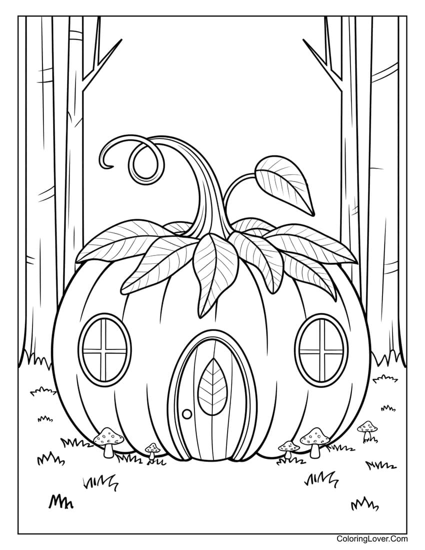 Pumpkin house with leaves and mushrooms coloring page