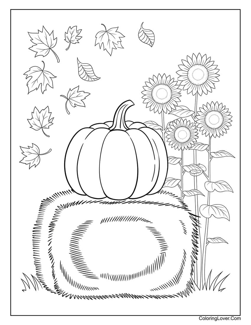 Pumpkin on hay bale with sunflowers coloring page
