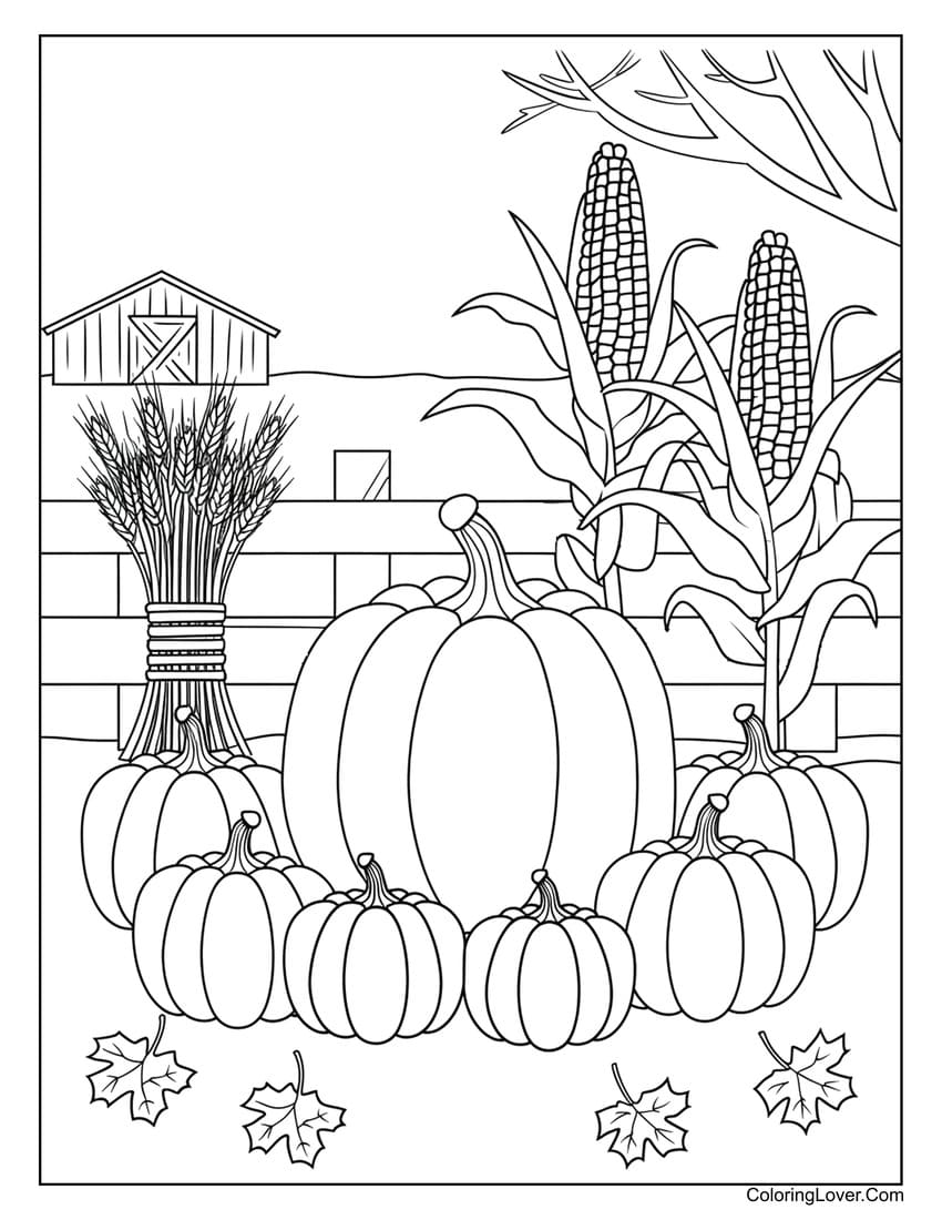 Pumpkin patch with corn and barn coloring page