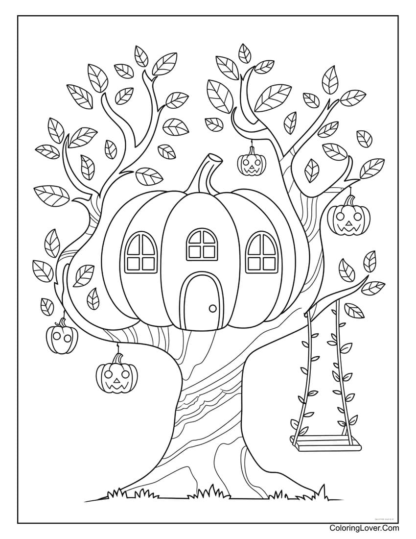 Pumpkin treehouse with swing and jack-o-lanterns coloring page for kids