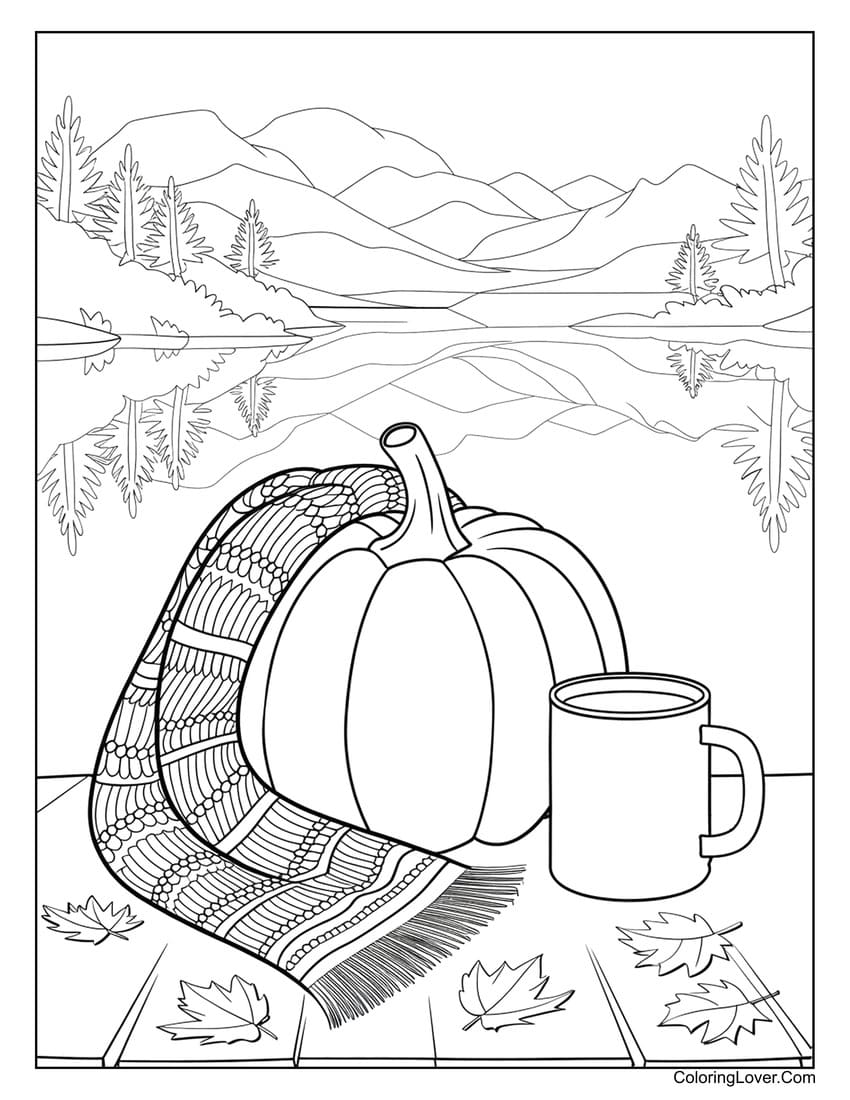 Pumpkin with blanket and coffee by lake coloring page for adults