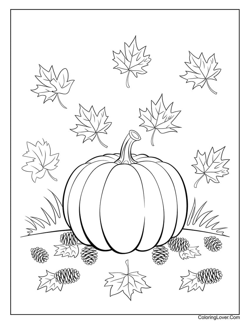 Pumpkin with falling leaves and pinecones coloring sheet