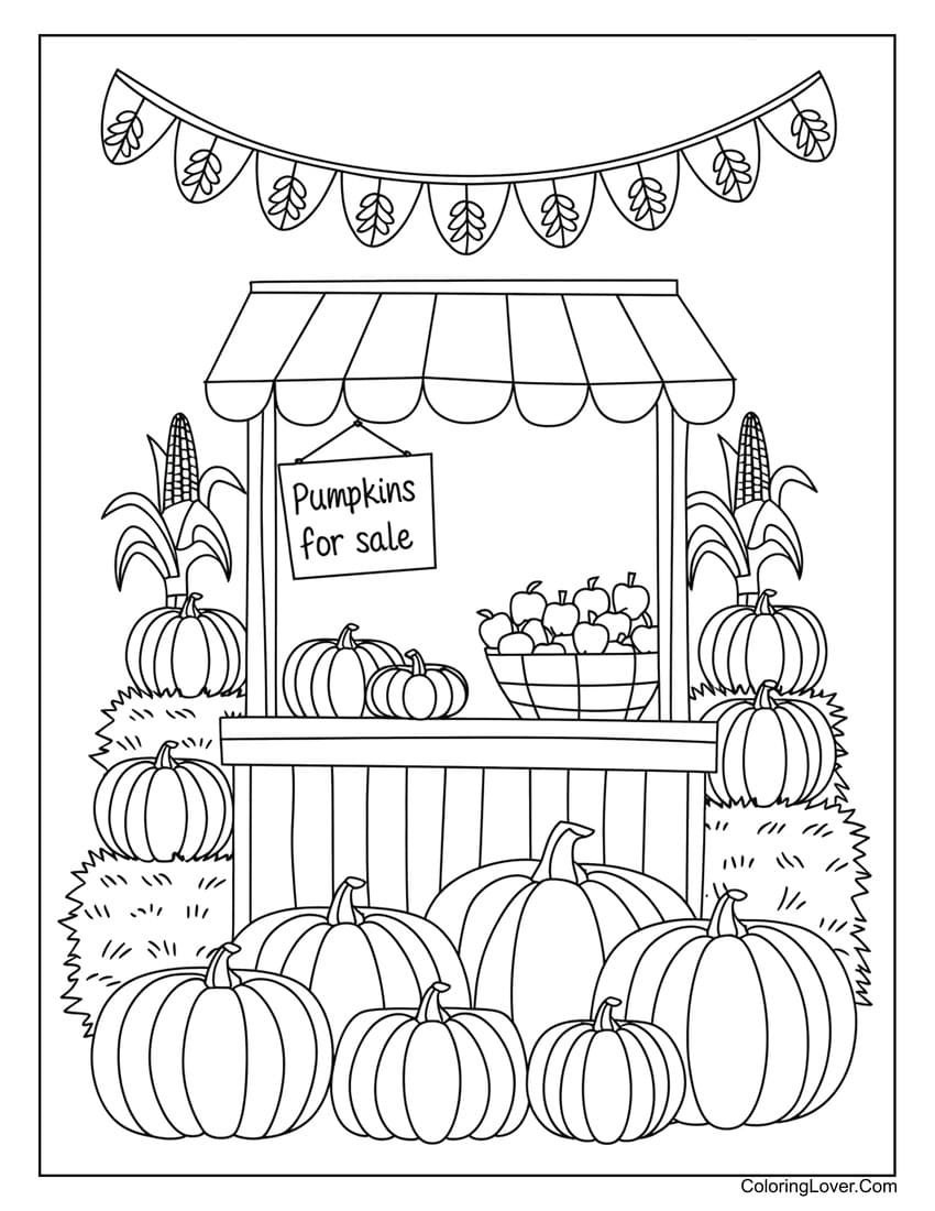 Pumpkins for sale at farm stand coloring page