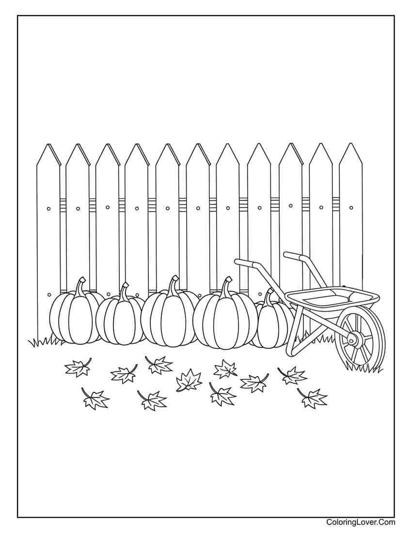 Pumpkins with wheelbarrow by picket fence coloring page