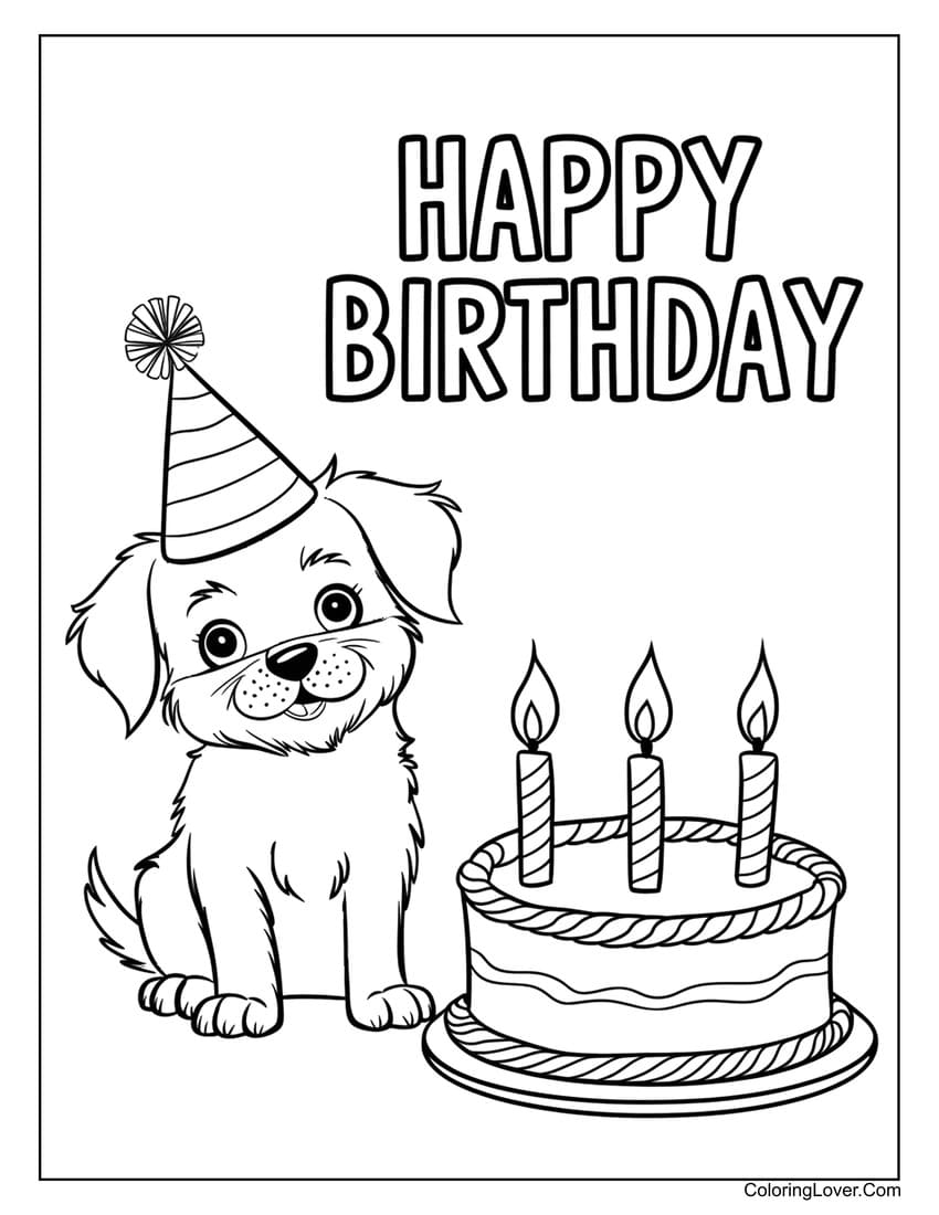 Puppy with birthday cake coloring page
