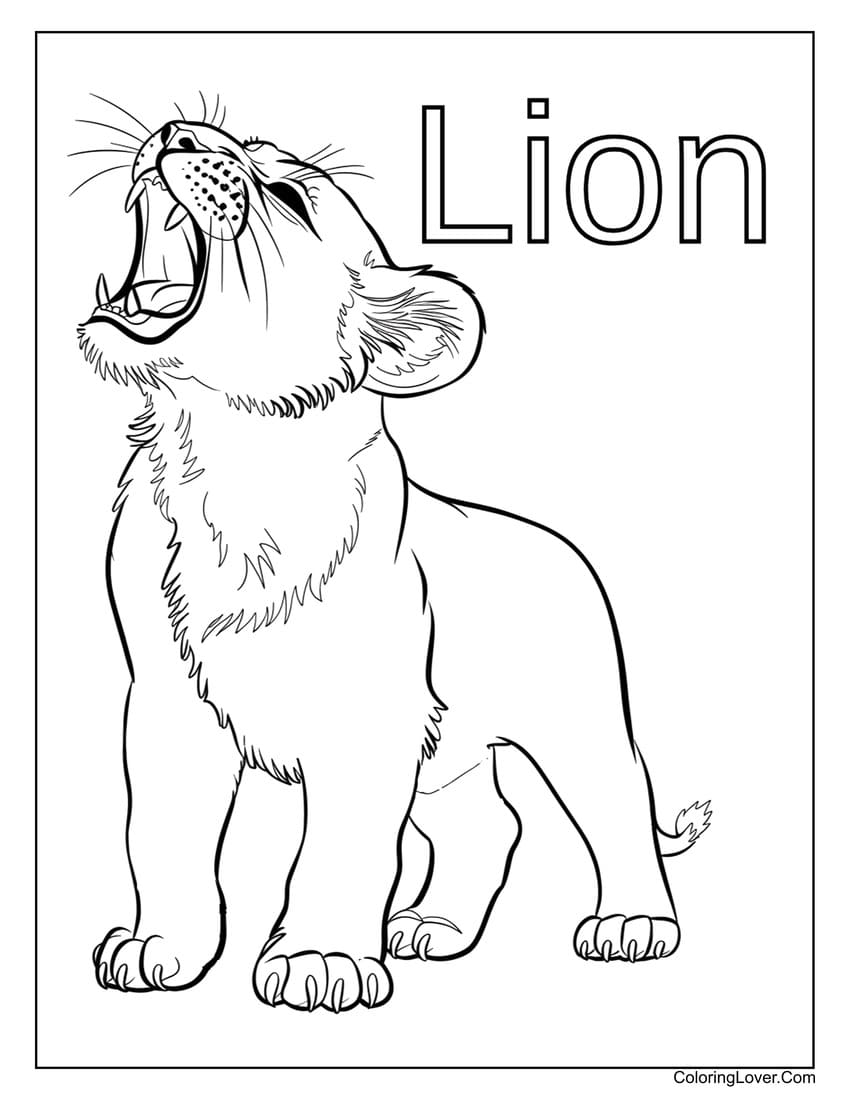 Roaring baby lion with text coloring page