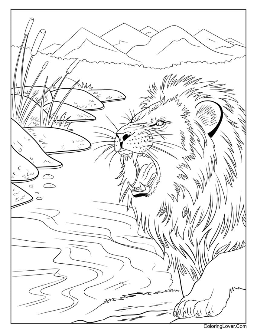 Roaring lion by river coloring page