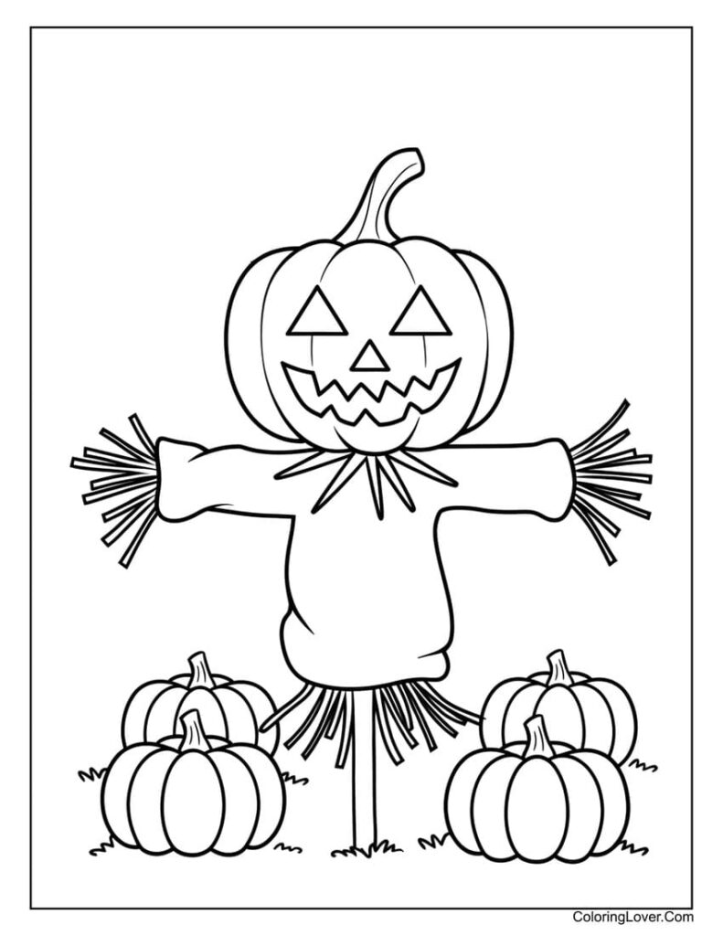 Scarecrow pumpkin coloring page for kids