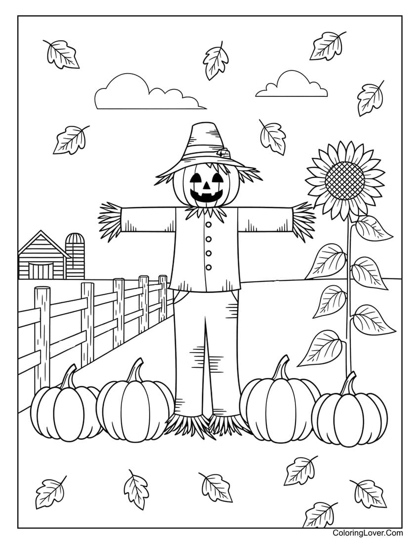 Scarecrow with pumpkins and sunflower coloring page